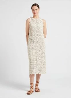 MAX & Co. CEMBALO - Halflange Jurk Van Katoenmix Met Macramé-effect | Beige -MAX & Co. Verkoopwinkel 4099633