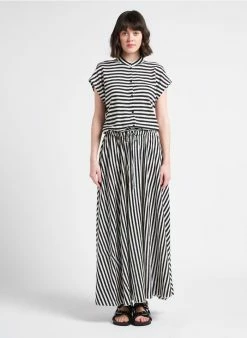 MAX & Co. CAVA - Lange, Ruimvallende, Gestreepte Jurk Met V-hals Linnenblend | Veelkleurig